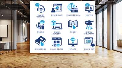 Online education icon set. Containing video tuition, e-learning, online course, audio course, educational website and digital education icons. Solid icon collection. Wall mural