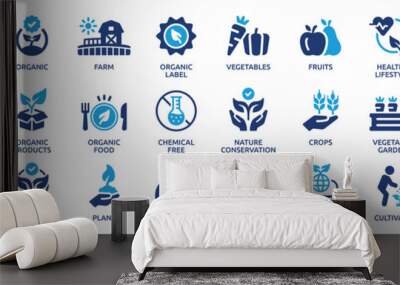 Organic farming icon set. Organic farm product, vegan and bio symbol. Natural farming icon collection. Wall mural