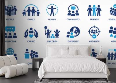 People icon set. Containing group, family, human, team, community, friends, population and senior icons. Solid icon collection. Wall mural