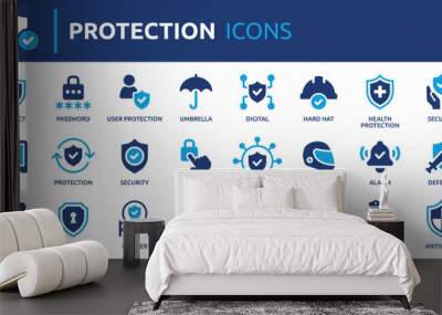 Protection icon set. Containing safe, shield, lock, security, alarm, umbrella, guard, fence and more. Solid vector icons collection.  Wall mural