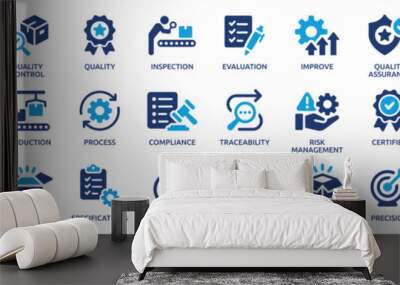 Quality control icon set. Containing inspection, evaluation, product, quality assurance, process, testing and more. Solid vector icons collection. Wall mural