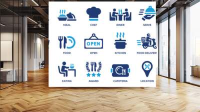 Restaurant icon set. Restaurant business and food delivery icon concept, containing server, meal, cooking, menu, restaurant, food delivery, fast food and dinner icons. Solid icon collection. Wall mural