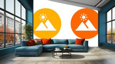 Scenery sign. Mountain landscape with sunrise icon. Adventure concept Wall mural