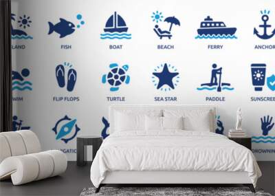 Sea and summer vacation icon set. Tourism symbol. Outdoor activities and marine life concept. Solid icons vector collection. Wall mural