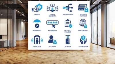 Security icon set. Containing secured payment, encryption, safety, insurance, data protection, detector, sensor, locked, password and cybersecurity icon. Solid icon collection. Wall mural