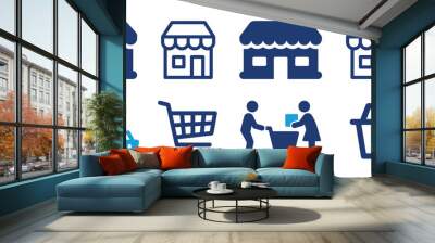 Shopping icon set. Containing shop, supermarket, customer, shopping cart and basket icons. Vector illustration Wall mural