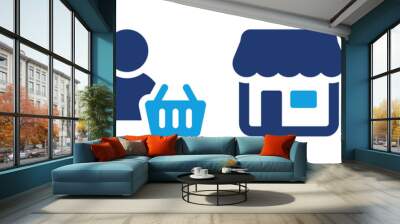 shopping icon vector set. shop, customer with cart, product basket symbol. commerce concept. Wall mural