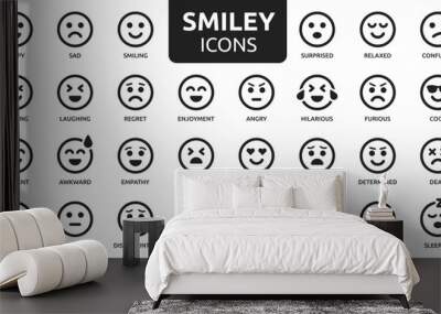 Smiley icon line set. Emoji icon collection containing happy emotion, sad, smiling, surprised, angry, relaxed, confused, laughing, excited and shocked emoticon icons. Vector outline illustration. Wall mural