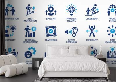 Soft skills icon set. Containing communication, empathy, assertiveness, personality, problem-solving, creativity, punctuality and work ethics icons. Solid icons vector collection. Wall mural