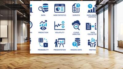 Statistics icon set. Containing data, web statistics, survey, prediction, presentation, cloud analysis and pie chart icons. Solid icon collection. Wall mural