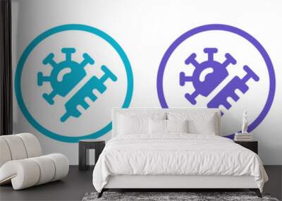 Syringe with vaccine and covid-19 virus icon on circle sign. Vaccination concept  Wall mural