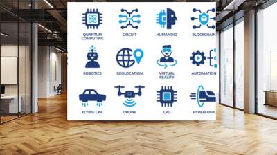 Technology icon set. Containing 5g, ai, robotics, iot, biometric, geolocation, cloud computing and automation icon. Solid icon collection. Wall mural