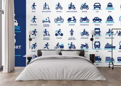 Transport icon set. Containing car, bike, plane, train, bicycle, motorbike, bus and scooter icons. Solid icon collection. Wall mural