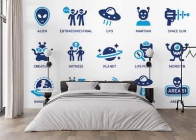 UFO and aliens icon set. Containing alien, spaceship, encounter, invasion, space gun, martian, creature, Area 51 and more. Solid vector icons collection. Wall mural