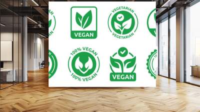 Vegan icon set. Bio, organic and healthy food symbol. Vegetarian and vegan label icon collection. Vector illustration. Wall mural