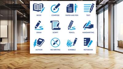 Writing icon set. Containing pen, write, pencil, note, edit, writer, document, nib, text and more. Solid vector icons collection. Wall mural