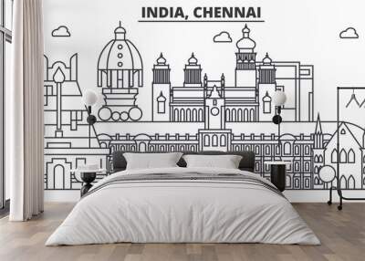 Chennai, India architecture line skyline illustration. Linear vector cityscape with famous landmarks, city sights, design icons. Editable strokes Wall mural