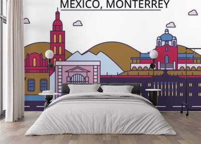 Mexico, Monterrey tourism landmarks, vector city travel illustration Wall mural