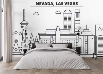 Nevada, Las Vegas architecture line skyline illustration. Linear vector cityscape with famous landmarks, city sights, design icons. Editable strokes Wall mural