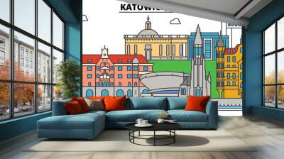 Poland, Katowice. City skyline, architecture, buildings, streets, silhouette, landscape, panorama, landmarks. Editable strokes. Flat design line vector illustration concept. Isolated icons Wall mural