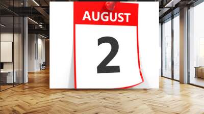 2 august calendar sheet with red pin. Wall mural