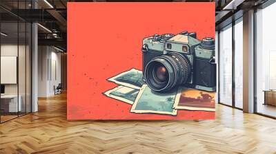 Hand-drawn camera and photos, World Photography Day, generous copy space Wall mural