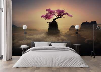 amazing tree on the rock at sunset Wall mural