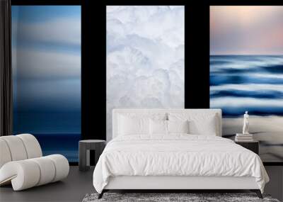 Triptyque artistique sur le thème de la nature avec un fond de ciel et mer de jour, un fond de nuage blanc et un fond de bord de mer au couché du soleil. Wall mural