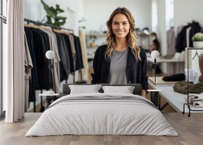 attractive young woman fashion business owner posing at clothing store Wall mural