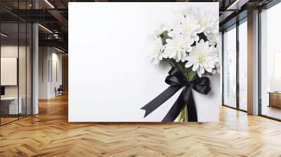 beautiful chrysanthemum flowers and black ribbon on white background, condolence card with copy space for text Wall mural