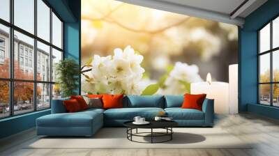 beautiful flowering tree with burning white candles decoration Wall mural