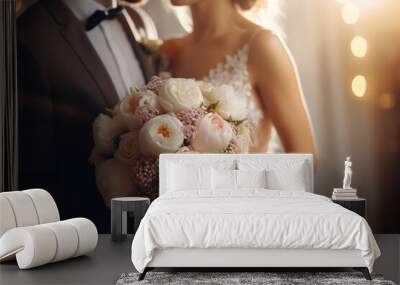 bride and groom wedding couple with a bouquet of light rose and white color flowers Wall mural