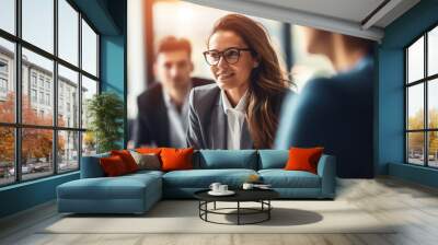 businesswoman explaining colleagues during meeting in office Wall mural