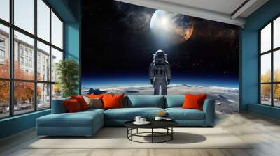 Captivating view of an astronaut in space suit, gazing towards a distant planet earth, bathed in illumination from the sun, beautiful art of generative ai Wall mural