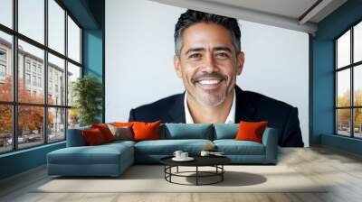 Close-up headshot of a mature middle-aged adult man. Freelancer or entrepreneur isolated on a white background. Happy, smiling, handsome 40-year-old Latin Hispanic businessman looking at the camera Wall mural