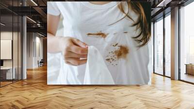 close-up of woman holding white t-shirt with dirt stains, showing dirty spot or smudge on clothes, preparing for cleaning and washing at home Wall mural