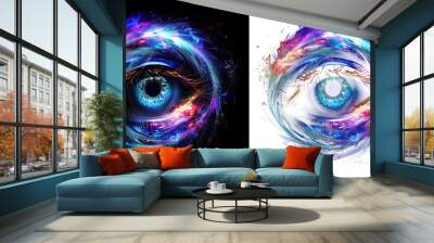 cosmic eye with galaxies swirls, spiritual stardust cosmic energy universe fantasy vision effect, isolated on black and transparent PNG background Wall mural