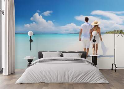 couple walking on white sand beach Wall mural