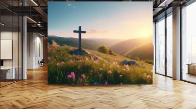 Cristian cross on top of a green hill at sunset Wall mural