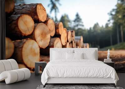 cut wooden logs in the stack, lumber in the forest Wall mural