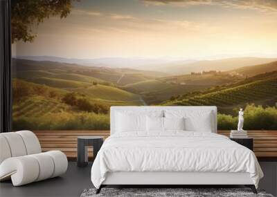 empty wooden table with a sunrise over the Tuscan vineyard Wall mural