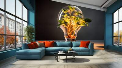 futuristic green plant inside a light bulb, energy sources for renewable, sustainable responsible environmental, ecology concept Wall mural