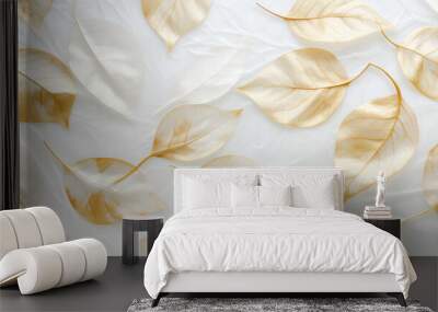 gold leaves pattern texture on white background, flat lay, top view Wall mural