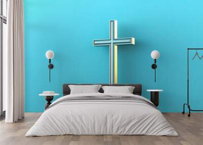 Golden cross on blue gradient background Wall mural