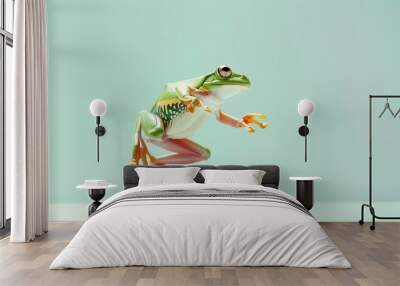 green frog jumping up in the air on the light green pastel background Wall mural