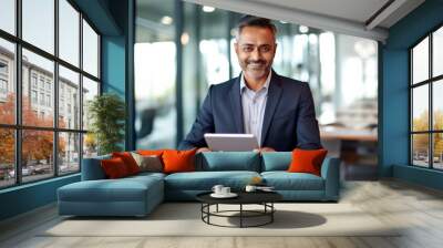 happy smiling middle age Indian business man professional ceo investor using tablet computer, looking at camera at desk in the office Wall mural