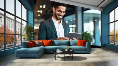 happy young latin business man executive holding tablet at the office Wall mural