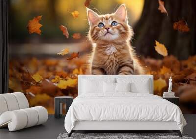 kitten playing in yellow autumn leaves Wall mural