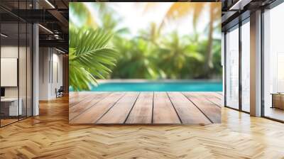 Light wooden table top with tropical background. Products presentation concept Wall mural