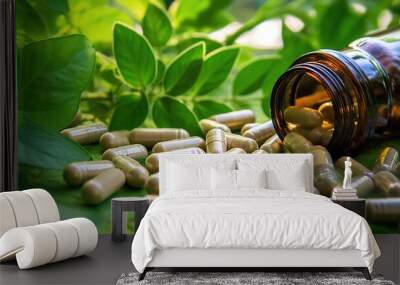 organic herb supplement capsules placed on a background of green leaves Wall mural